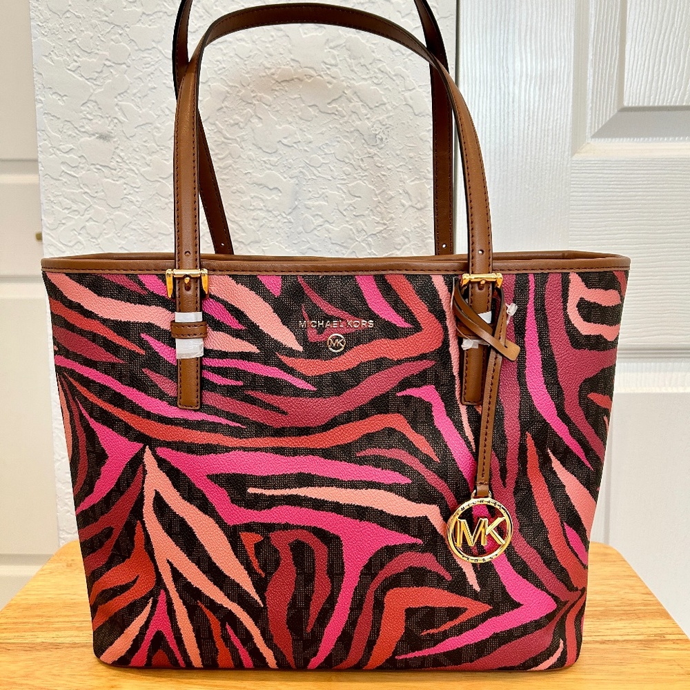 Michael Kors Jet Set Medium Pink Animal Striped Tote
